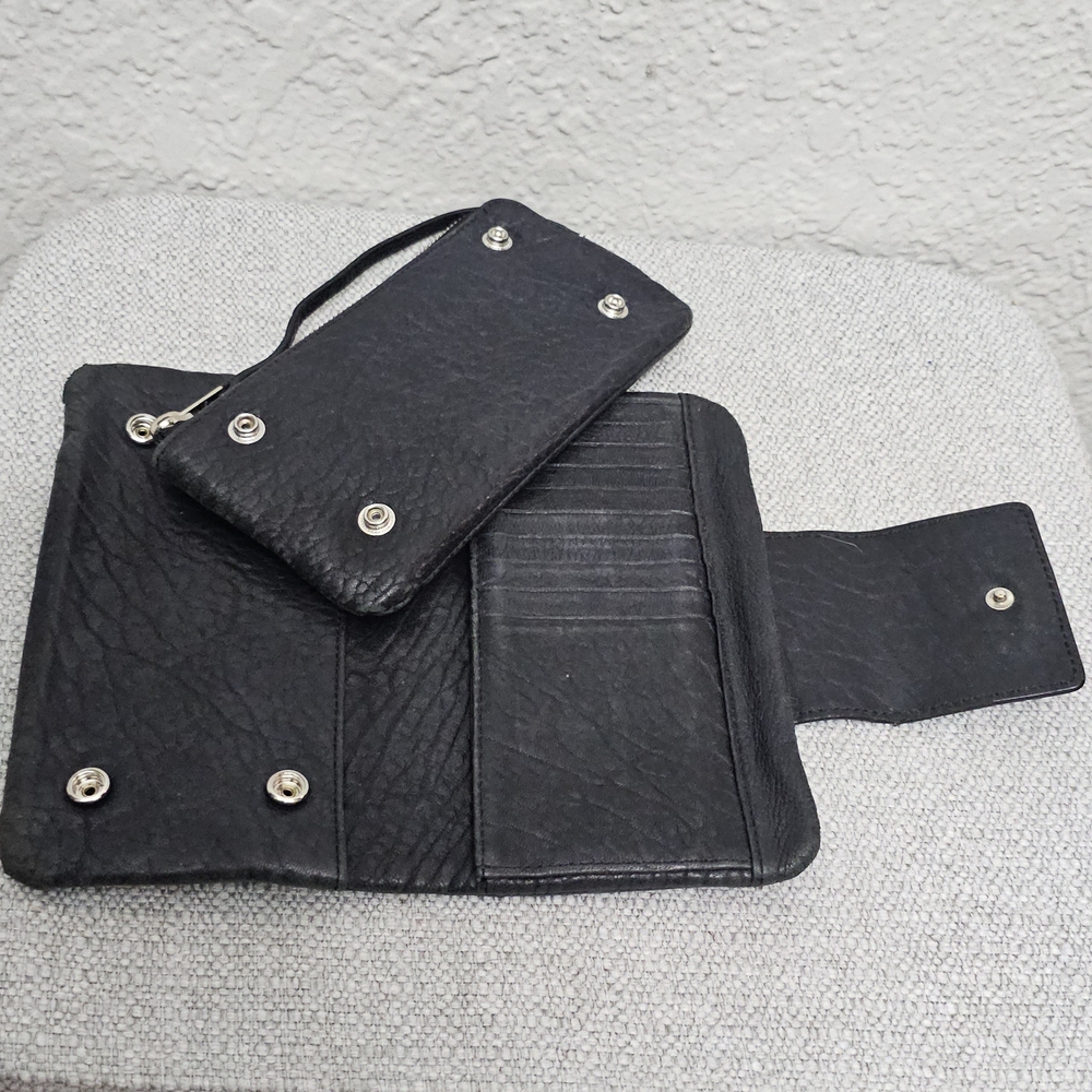 AllSaints Black Distressed Leather Tri Fold Wallet Zip Pocket - Picture 9 of 11